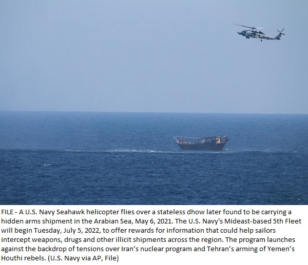 US Navy offers cash for tips to seize Mideast drugs, weapons