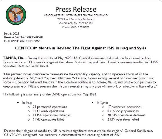 US-led Coalition and Local Forces Conduct 38 Operations Against ISIS in Iraq and Syria